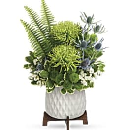 Modern green and blue floral arrangement with spider mums, fern fronds, and thistle in a white pot on wooden stand