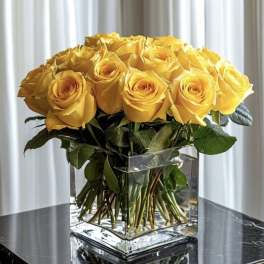 Yellow roses arranged in a clear square glass vase