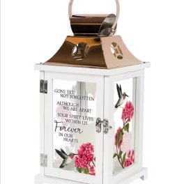 White memorial lantern with pink floral and hummingbird panels