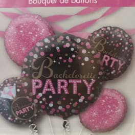 Bachelorette party balloon bouquet with pink and black foil balloons