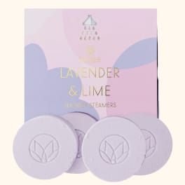 Box of lavender and lime shower steamers with round tablets in front
