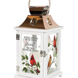 White decorative lantern with cardinal bird and floral print