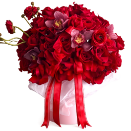Red rose bouquet with pink orchids in a white box and red ribbon