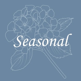 Blue graphic with outlined hydrangea flowers and the word Seasonal