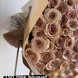 Large bouquet of blush roses wrapped in tan paper