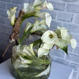 White calla lilies arranged in a glass vase with a branch accent
