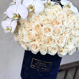Bouquet of cream roses with white orchids in a navy wrap