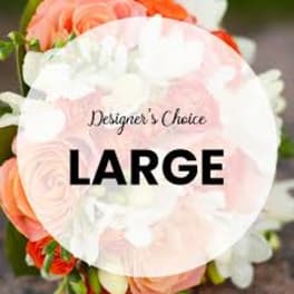 Peach and white floral bouquet with a large size label overlay