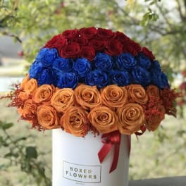 Red, blue, and orange roses arranged in a white hat box