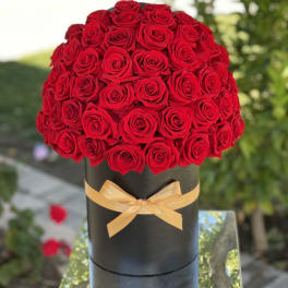 Round bouquet of red roses in a black box with a gold ribbon