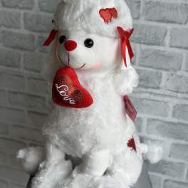 White plush teddy bear holding a red heart with ribbons