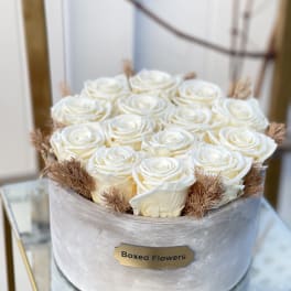 White roses arranged in a round box with dried accents