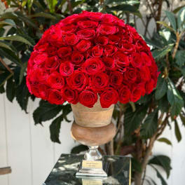 Large dome of red roses in a pedestal vase
