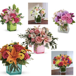Collage of colorful flower arrangements in square glass vases