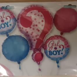 Packaged pink and blue gender-reveal balloons with "Girl or Boy?" text