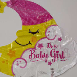 Moon-shaped baby girl balloon with a smiling star topper