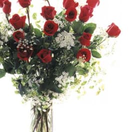 Bouquet of red roses with white filler flowers