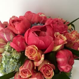 Pink peonies and variegated roses in a bouquet