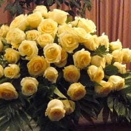 Large bouquet of pale yellow roses with dark greenery