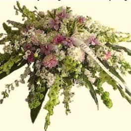 Large cascading floral spray with pink and white blooms