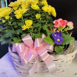 Basket of yellow and pink flowers with a pink ribbon