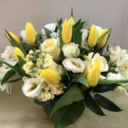 Bouquet of yellow tulips and white flowers with greenery