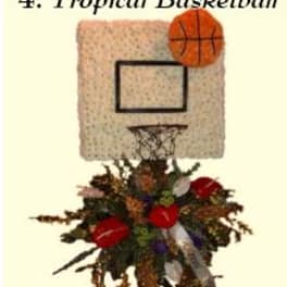 Basketball hoop with a floral arrangement at the base
