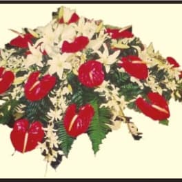 Red and white floral arrangement with broad green leaves