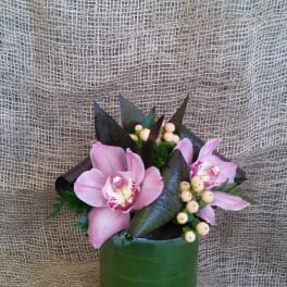 Pink orchids arranged in a green cylindrical vase
