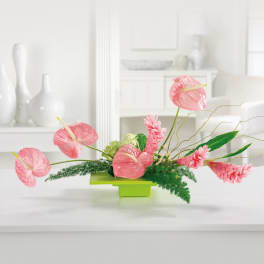 Pink anthuriums and tropical blooms in a lime green rectangular container