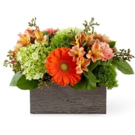 Orange and peach flowers arranged in a wooden box