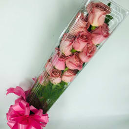 Long box of pink roses with a bright pink ribbon bow