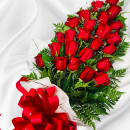 Bouquet of red roses with a red ribbon bow