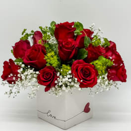 Red roses in a white square box with baby’s breath