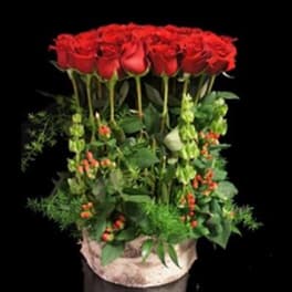 Tall arrangement of red roses with greenery in a round container