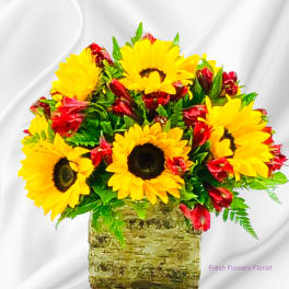 Sunflowers and red blooms arranged in a rustic square container