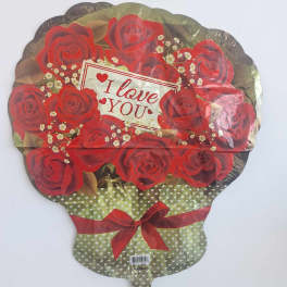 Heart-shaped balloon with red roses and an "I love you" message