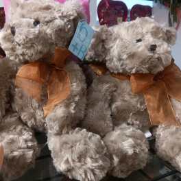 Two plush teddy bears with brown ribbon bows sit side by side.