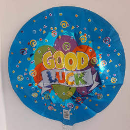 Round blue balloon with "Good Luck" text and confetti graphics