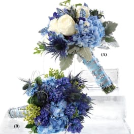 Blue and white bridal bouquets with ribbon-wrapped handles