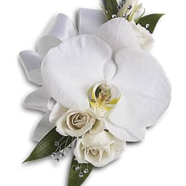 White orchid and rose corsage with ribbon and bead accents