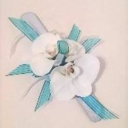 White orchid corsage with blue ribbon accents