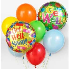 Cluster of colorful balloons with two get-well message balloons