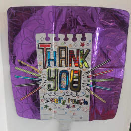 Purple thank-you balloon with colorful hand-drawn lettering