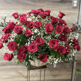 Basket arrangement of red roses with baby's breath