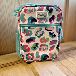 Colorful patterned lunch bag with a front zipper pocket