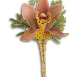 Pink orchid boutonniere with yellow center and green accents