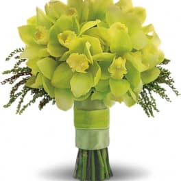 Green orchid bouquet with a ribbon-wrapped stem