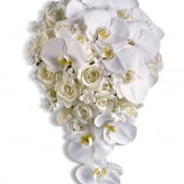 White orchid and rose bouquet with cascading blooms