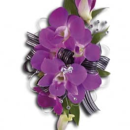 Purple orchid corsage with ribbon and silver accents